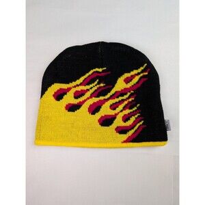 Vintage CSI Flame Beanie Yellow Black Biker Winter Cap Y2K Hong Kong Rare Street